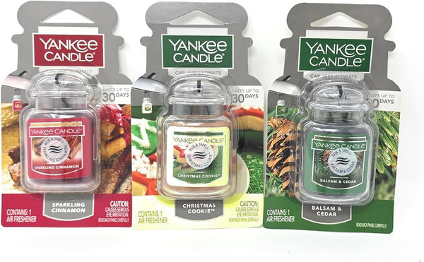 Yankee Candle Car Jar Ultimate Hanging Air Freshener, Sparkling Cinnamon, Christmas Cookie, and Balsam & Cedar, 3-Pack Combo