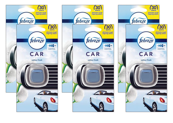 Febreze Vent Clip Car Air Freshener, Up to 30 Days, Eliminates tough lingering odours, Cotton Fresh Scent, 6 Pack