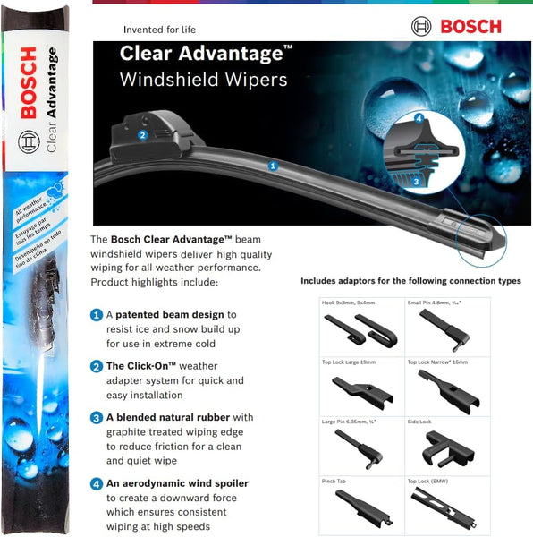 Bosch 13CA Clear Advantage Windshield Wiper Blade, 13 Inch, All-Weather Beam Style Wiper Blade, Smooth & Quiet Wiping Performance, 2 Pack