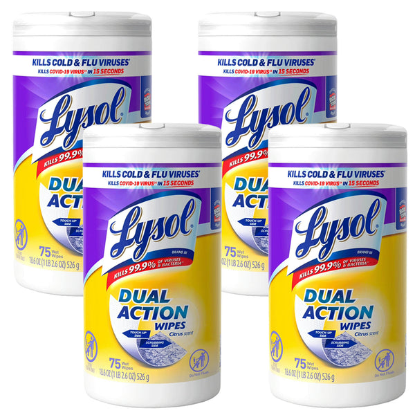 Lysol Dual Action Cleaning Wipes, Multi-Surface Scrubbing and Soft Wipes, Citrus Scent, 75 Count, 4 Packs