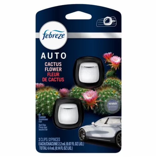 Febreze Vent Clip AUTO Car Air Freshener, Up to 40 Days, Odour Eliminator, Cactus Flower Scent, 2-CLIPS