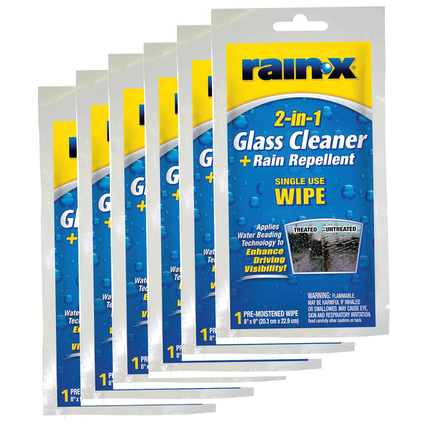 Rain-X 2-in-1 Glass Cleaner & Rain Repellent Wipes, Foil-Sealed, 6 Packs