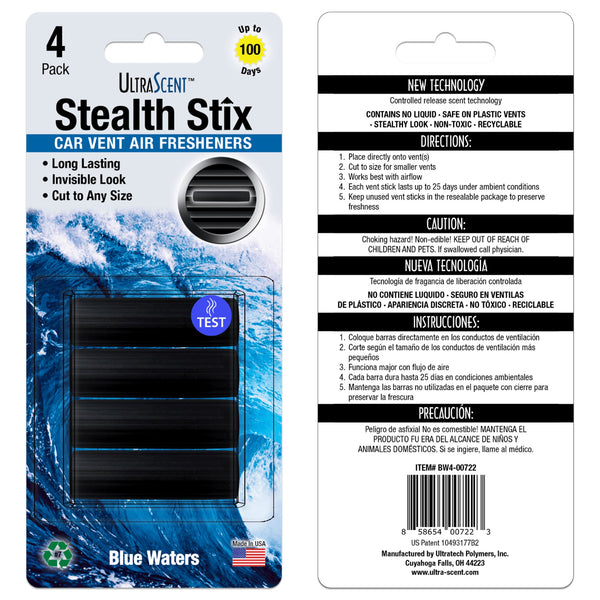 UltraScent Car Vent Clips Air Freshener Stealth Stix Car Vent Clips that Slip on Vent Blade, 1-Pack/4-Stix (Blue Waters)