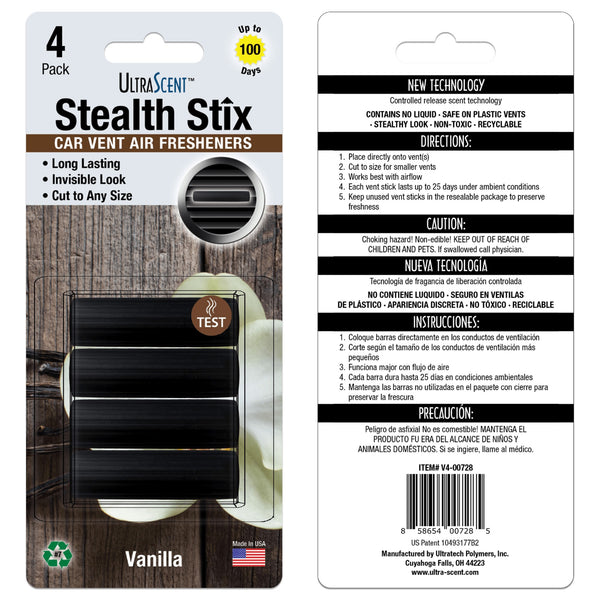 UltraScent Car Vent Clips Air Freshener Stealth Stix Car Vent Clips that Slip on Vent Blade, 1-Pack/4-Stix (Vanilla)