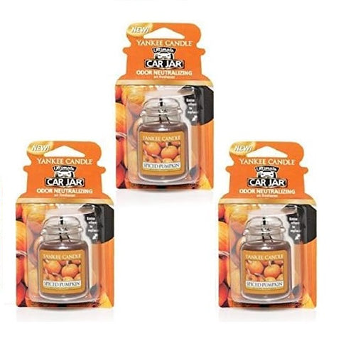 Yankee Candle Car Jar Ultimate Hanging Air Freshener, Neutralizes Odors Up To 30 Days, Spiced Pumpkin, 3 Packs