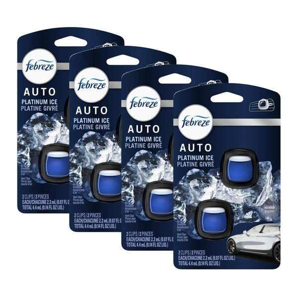 Febreze Auto Odor-Eliminating Air Freshener Vent Clips, Platinum Ice, 2 Count, 4 Packs