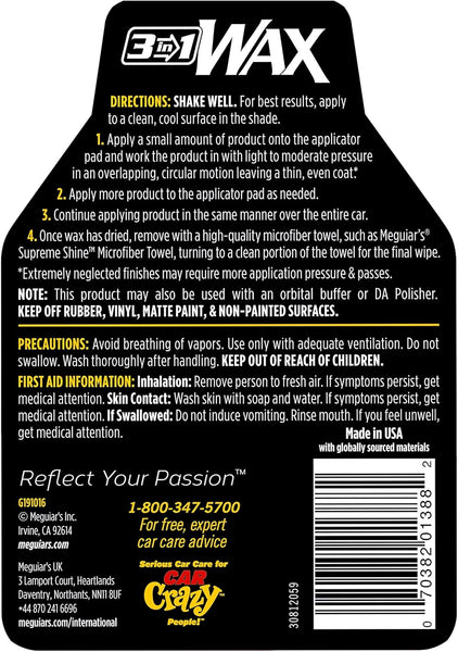 Meguiar's 3 In 1 Wax - Advanced Cleaner Wax that Blends Defect and Scratch Removal, Car Polishing for a High Gloss, and Long-Lasting Paint Protection All in One Step, 16 Oz