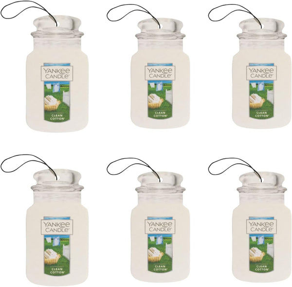 Yankee Candle Car Jar Classic Cardboard Car, Home and Office Hanging Air Freshener, Clean Cotton Scent, 6 Pack