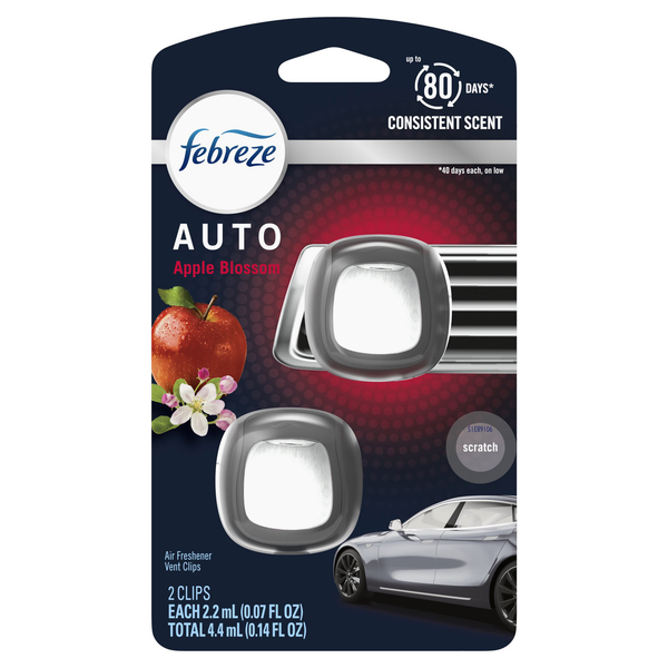Febreze Vent Clip AUTO Car Air Freshener, Up to 40 Days, Odour Eliminator, Apple Blossom Scent, 2-CLIPS