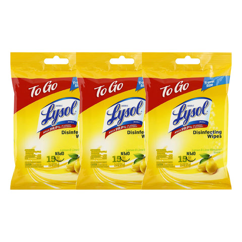 Lysol Disinfecting Wipes - Lemon & Lime Blossom To-Go Flatpack 15 Count, 3 Packs