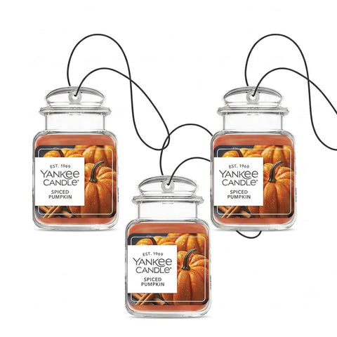 Yankee Candle Car Jar Ultimate Hanging Air Freshener, Neutralizes Odors Up To 30 Days, Spiced Pumpkin, 3 Packs