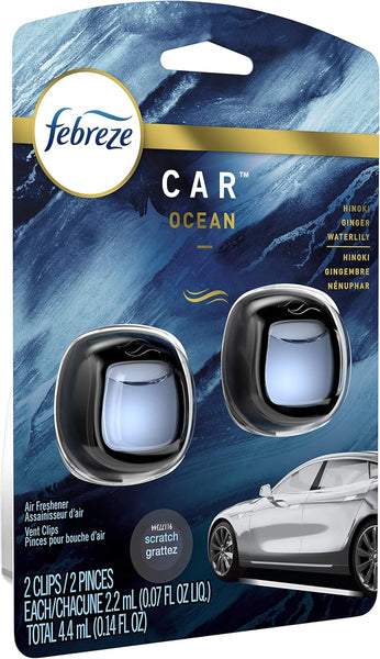 Febreze Car Vent Clip Air Freshener, Odor Eliminator for Strong Odors, Up to 30 Days Freshness, Ocean, 2 Packs