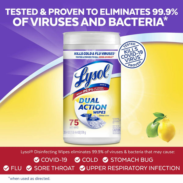 Lysol Dual Action Cleaning Wipes, Multi-Surface Scrubbing and Soft Wipes, Citrus Scent, 75 Count