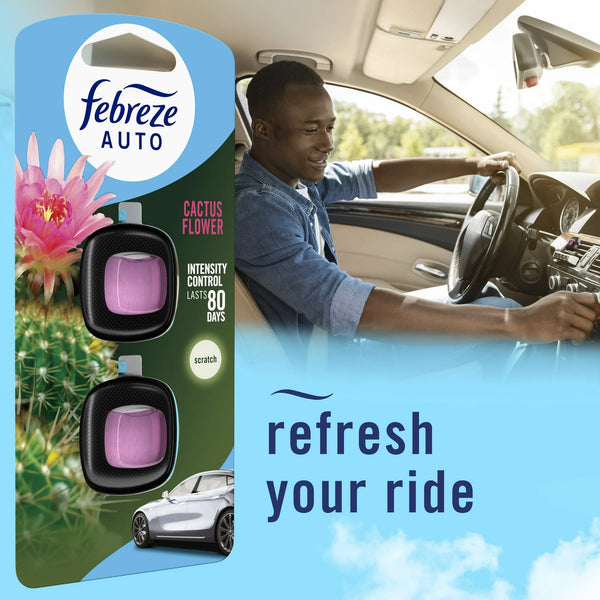 Febreze Vent Clip AUTO Car Air Freshener, Up to 40 Days, Odour Eliminator, Cactus Flower Scent, 2-CLIPS