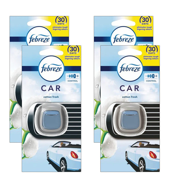 Febreze Vent Clip Car Air Freshener, Up to 30 Days, Eliminates tough lingering odours, Cotton Fresh Scent, 4 Pack
