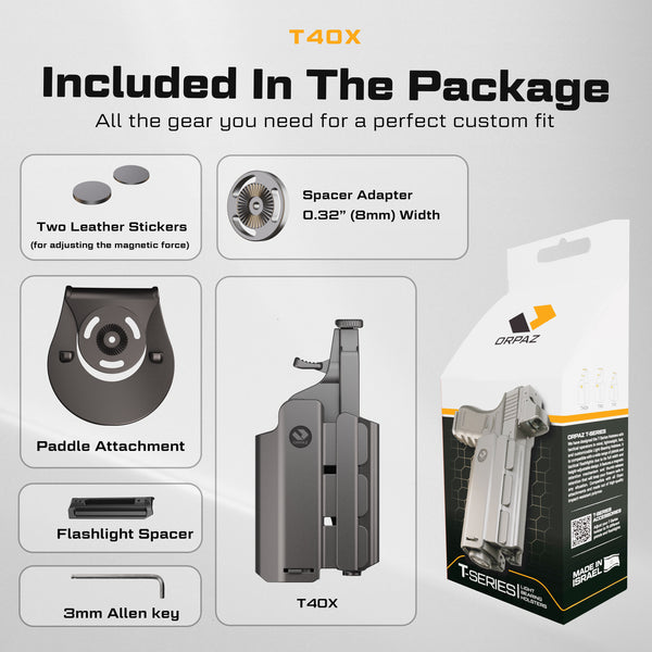 T40X Compatible with Glock 19X Holster with Light
OWB Level II Retention, Light Bearing Paddle Holster