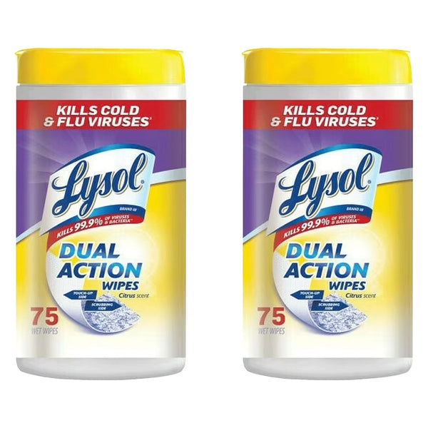 Lysol Dual Action Cleaning Wipes, Multi-Surface Scrubbing and Soft Wipes, Citrus Scent, 75 Count, 2 Packs