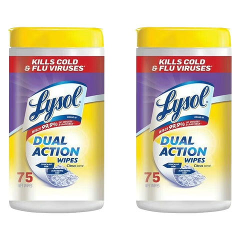 Lysol Dual Action Cleaning Wipes, Multi-Surface Scrubbing and Soft Wipes, Citrus Scent, 75 Count, 2 Packs