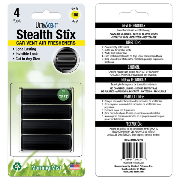 UltraScent Car Vent Clips Air Freshener Stealth Stix Car Vent Clips that Slip on Vent Blade, 1-Pack/4-Stix (Morning Mist)