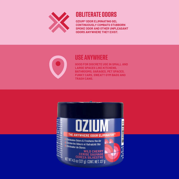 Ozium Odor Eliminating Gel Air Freshener 4.5 oz Wild Cherry for Home Car Office, 2 Pack