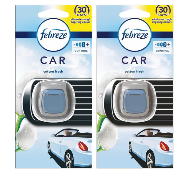 Febreze Vent Clip Car Air Freshener, Up to 30 Days, Eliminates tough lingering odours, Cotton Fresh Scent, 2 Pack
