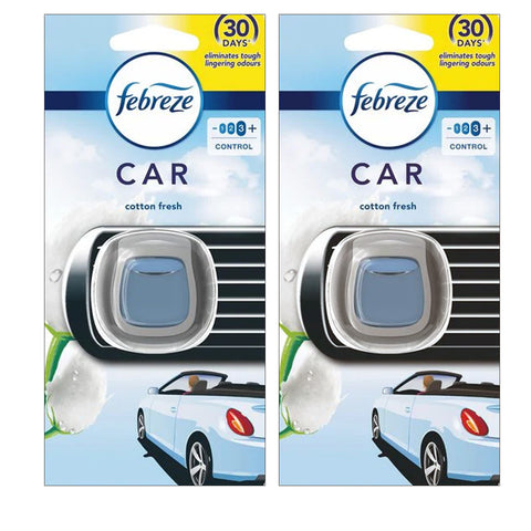 Febreze Vent Clip Car Air Freshener, Up to 30 Days, Eliminates tough lingering odours, Cotton Fresh Scent, 2 Pack