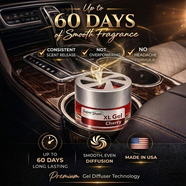 Super Sheet XL Gel Car Air Freshener - Cherry Scent, Luxury Glass Jar Auto Fragrance, Long Lasting Gel Diffuser for Car, Home & Office - Made in USA