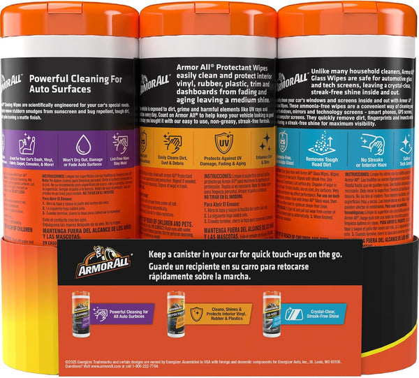 Armor All Protectant, Glass and Cleaning Wipes, 30 Count Each (Pack of 3)