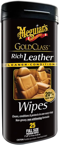 Meguiar's Gold Class Rich Leather Wipes Clean, Condition & Protect Leather Surfaces with UV Protection, Aloe-Infused Formula, 30 Wipes