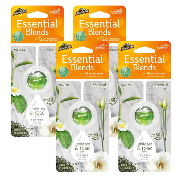 Armor All Essential Blends Car Air Freshener, Car Odor Eliminator, White Tea and Rose Scent, 0.08 Fl Oz, Multicolor, 4 Packs