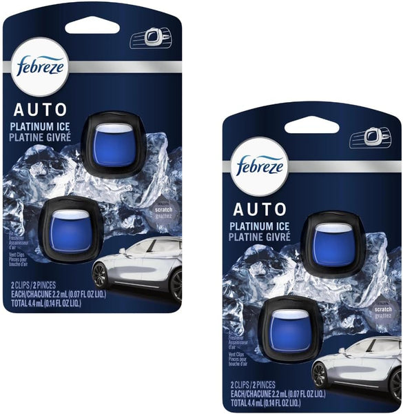 Febreze Auto Odor-Eliminating Air Freshener Vent Clips, Platinum Ice, 2 Count, 2 Packs