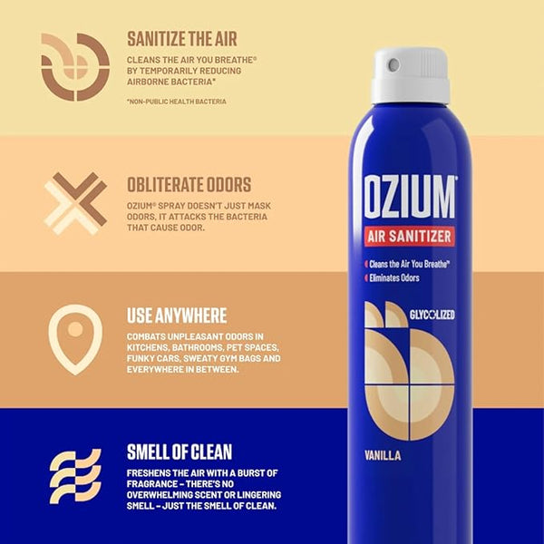 Ozium Cigarette Smoke Air Sanitizer Eliminates Smoke Smell, Aerosol Spray, Vanilla 0.8oz (Pack of 6)