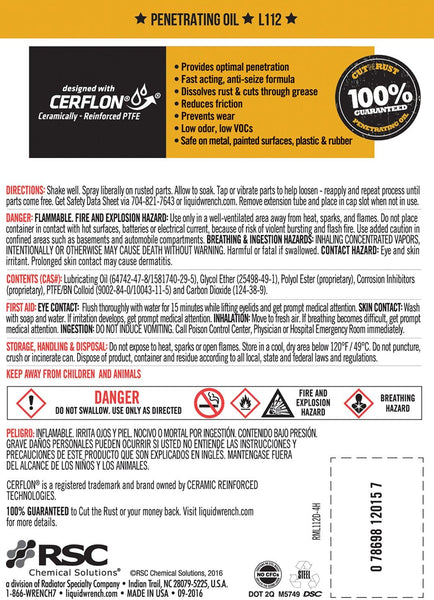 Liquid Wrench L112 Penetrating Oil Spray with CERFLON, Rust and Corrosion Penetrant for Stuck Nuts, Bolts, Locks and Hinges, 11 oz, 6 Packs