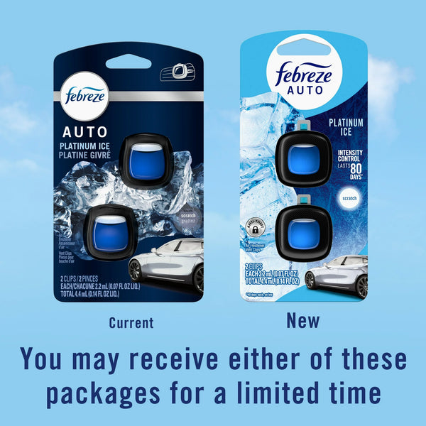 Febreze Auto Odor-Eliminating Air Freshener Vent Clips, Platinum Ice, 2 Count, 4 Packs