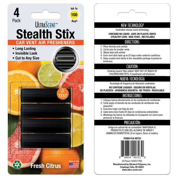 UltraScent Car Vent Clips Air Freshener Stealth Stix Car Vent Clips that Slip on Vent Blade, 1-Pack/4-Stix (Fresh Citrus)