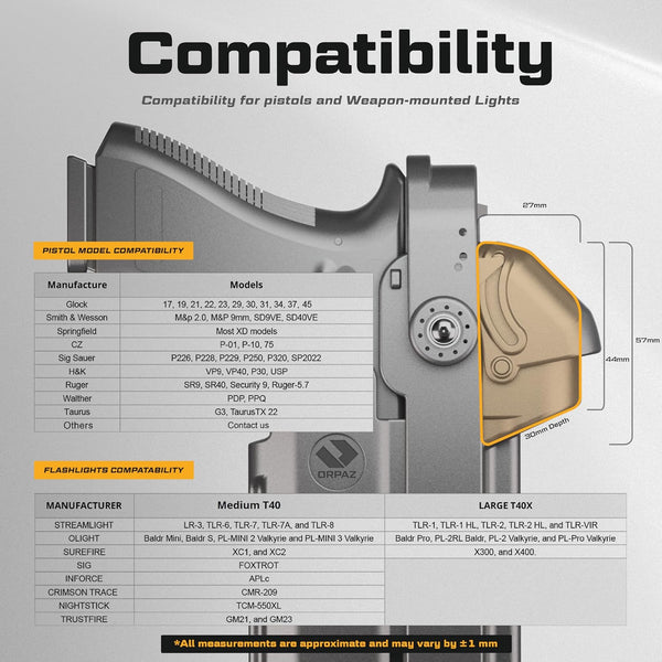 Orpaz T40 G19 Holster with Light Left Handed compatible with Glock 19 Holster with Light (Large Pistol Lights, Belt Attachment)