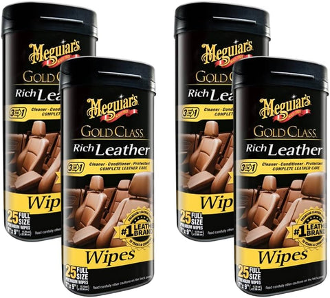 Meguiar's Gold Class Rich Leather Wipes Clean, Condition & Protect Leather Surfaces with UV Protection, Aloe-Infused Formula, 30 Wipes, 4 Packs