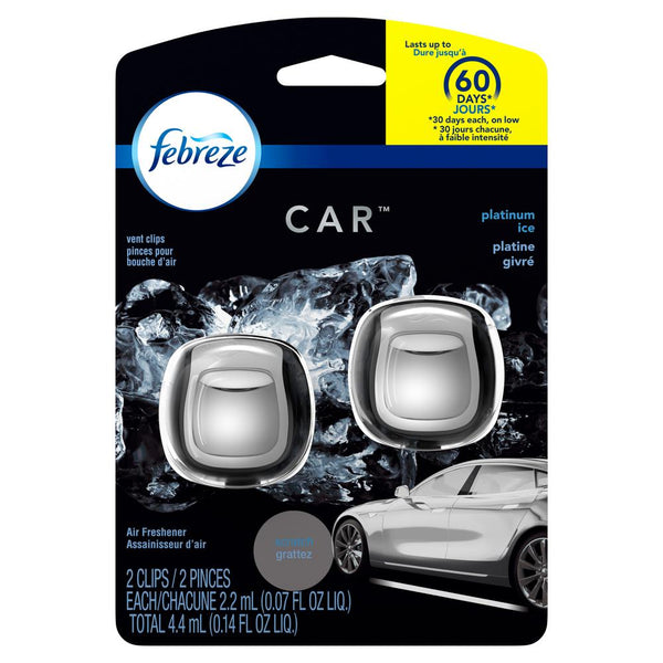 Febreze Auto Odor-Eliminating Air Freshener Vent Clips, Platinum Ice, 2 Count