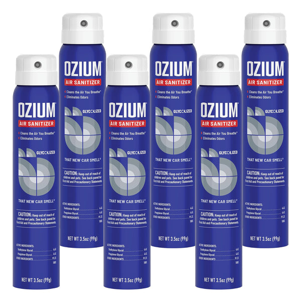 Ozium Cigarette Smoke Air Sanitizer Eliminates Smoke Smell, Aerosol Spray, New Car 3.5oz (Pack of 6)
