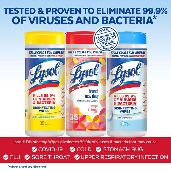 Lysol Disinfecting Wipes, Lemon & Lime Blossom, Mango & Hibiscus, Crisp Linen, 35 Count Each, 3 Pack