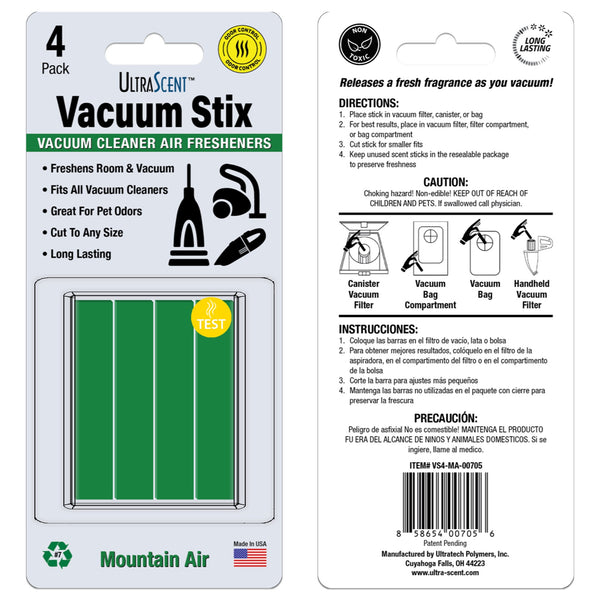 UltraScent Vacuum Stix Vacuum Deodorizer Sticks for All Vacuums, Long-Lasting Vacuum Air Freshener, Non-Toxic, Made in USA, 4-Packs 16-Stix Total in the Mountain Air Scent