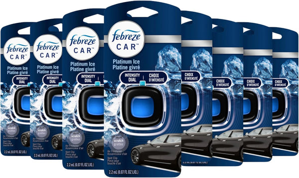 Febreze Car Vent Clip Air Freshener, Odor Eliminator for Strong Odors, Up to 30 Days Freshness, Platinum Ice, 8 Pack