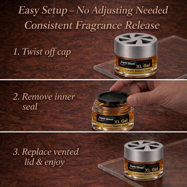 Super Sheet XL Gel Car Air Freshener - Gold Scent, Luxury Glass Jar Auto Fragrance, Long Lasting Gel Diffuser for Car, Home & Office - Made in USA, 2 Pack