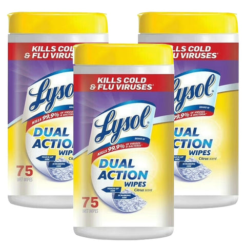Lysol Dual Action Cleaning Wipes, Multi-Surface Scrubbing and Soft Wipes, Citrus Scent, 75 Count, 3 Packs