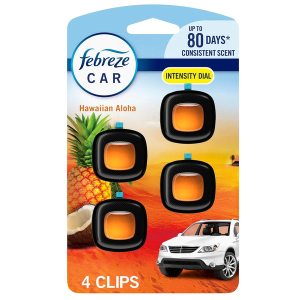Febreze Car Air Freshener, Odor-Fighting Automotive Vent Clip, Scented Car Accessories, Long Lasting for Strong Odors, Hawaiian Aloha Scent, 4 Count
