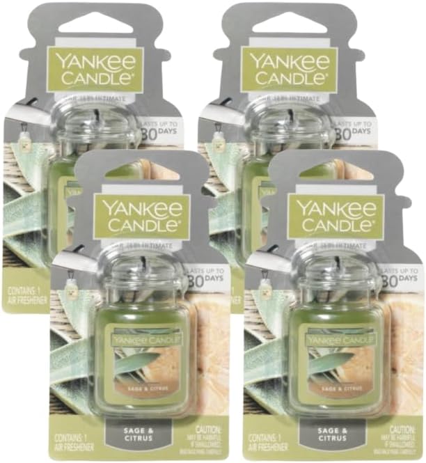Yankee Candle Car Jar Ultimate Hanging Car Air Fresheners, Sage & Citrus, 0.96 oz (Pack of 4), Green