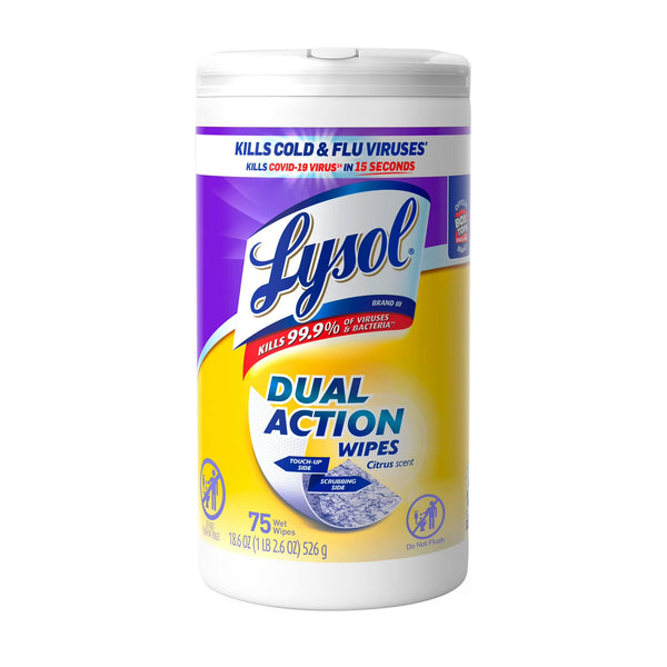 Lysol Dual Action Cleaning Wipes, Multi-Surface Scrubbing and Soft Wipes, Citrus Scent, 75 Count