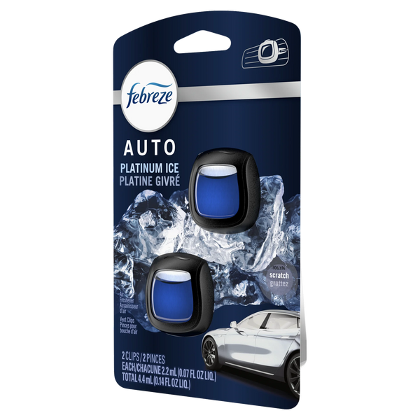 Febreze Auto Odor-Eliminating Air Freshener Vent Clips, Platinum Ice, 2 Count, 4 Packs