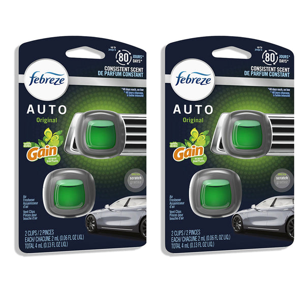 Febreze Car Vent Clip Air Freshener, Odor Eliminator for Up to 30 Days Freshness, Gain, 2 Pack