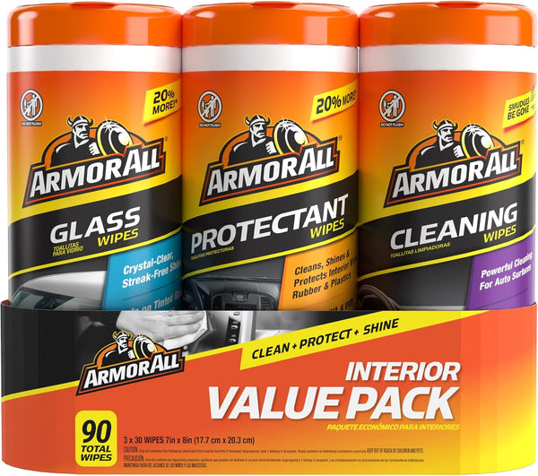 Armor All Protectant, Glass and Cleaning Wipes, 30 Count Each (Pack of 3)